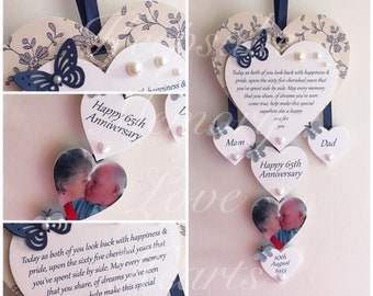 65th Blue Sapphire anniversary gift personalised wooden keespake heart