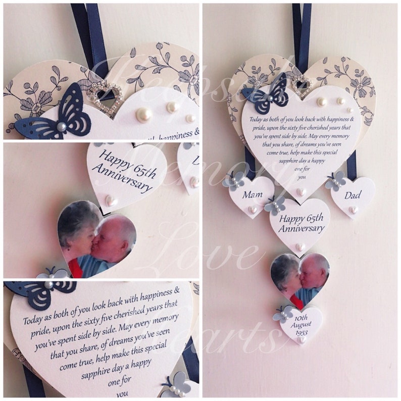 65th Blue Sapphire anniversary gift personalised wooden keespake heart With photo heart