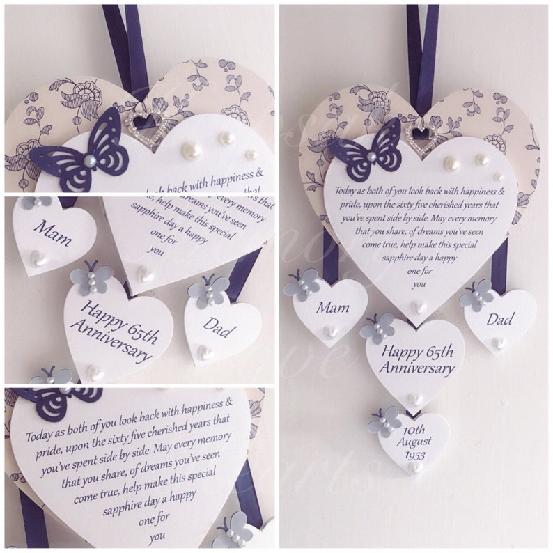 65th Blue Sapphire anniversary gift personalised wooden keespake heart Without photo heart