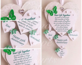 55th Emerald anniversary gift personalised wooden keespake heart