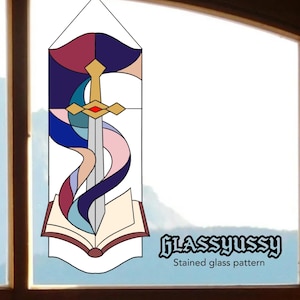 May include: Stained glass pattern featuring a sword, open book, and abstract shapes in shades of blue, pink, and gold. The design includes the text "GLASSYUSSY Stained glass pattern".