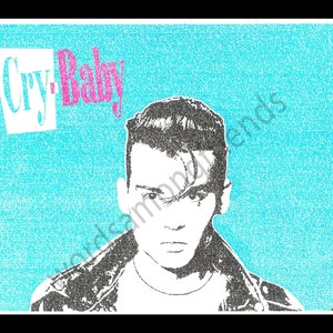 May include: A black and white image of a man with a pompadour hairstyle. The image is made up of tiny words and the words "Cry Baby" are in pink letters at the top of the image.