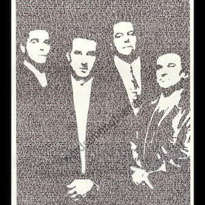 May include: A black and white artwork featuring four men in suits. The image is created using a pattern of small text, giving it a textured appearance. The men are depicted in a classic, formal style, with a focus on their faces and upper bodies.
