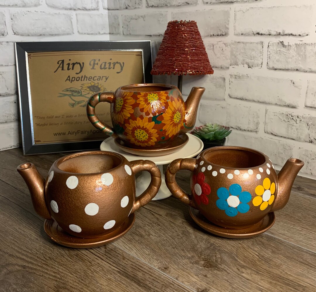 Ceramic Tea Pot Planter, Hand Painted Planter, One of a Kind Planter Etsy