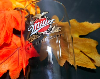 Miller Genuine Draft beer pint glass. Etched-glass branding.