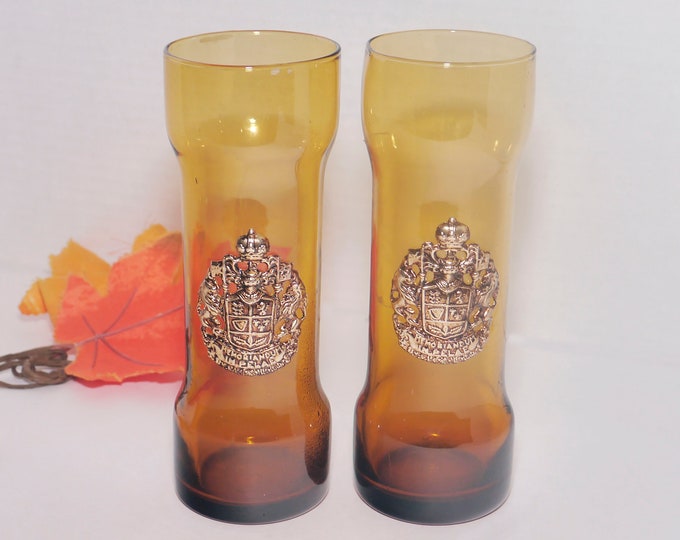 Pair of Memoriandum in Pelae Coat of Arms amber Tom Collins glasses made in Spain. Applique Coat of Arms to front.