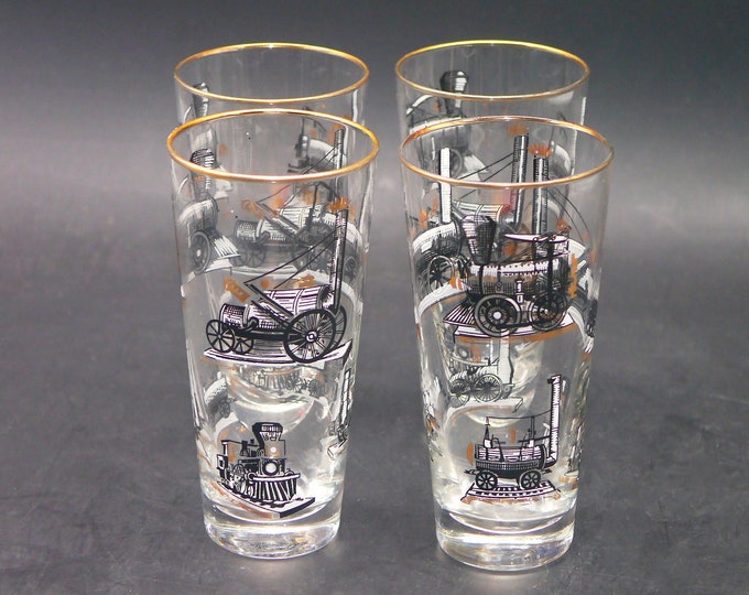 Four Libbey etched-glass steampunk | steam engine | train | locomotive tumbler glasses, gold rims. Gift for him. Gift for dad.