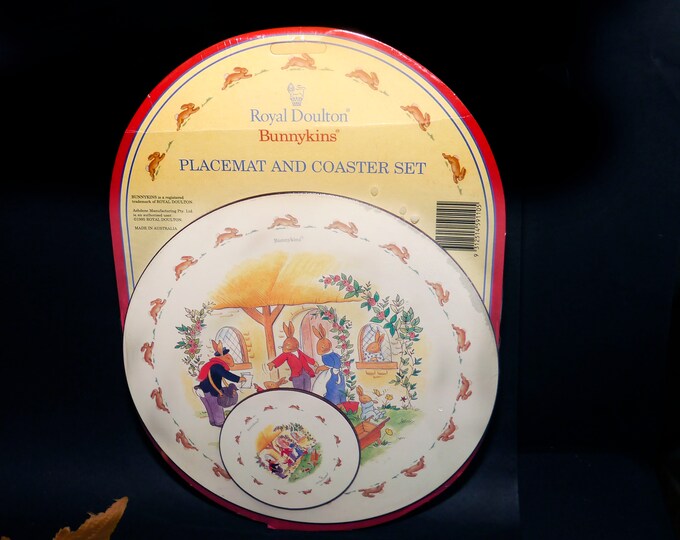 Vintage (1995) Royal Doulton Bunnykins round placemat and coaster. New in package unused. Made in Australia. Factory flaw (see below).
