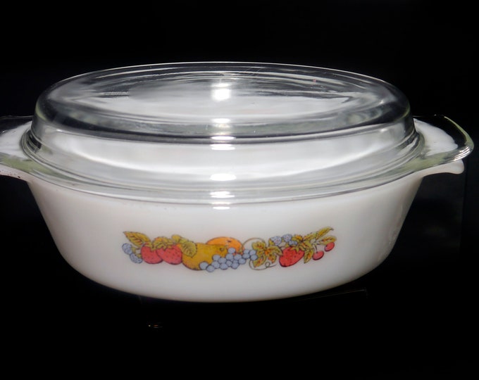 Retro vintage (1970s) Fire King Anchor Hocking Nature's Bounty 1.5 quart covered casserole. Mixed fruits on white glass. Made in the USA.