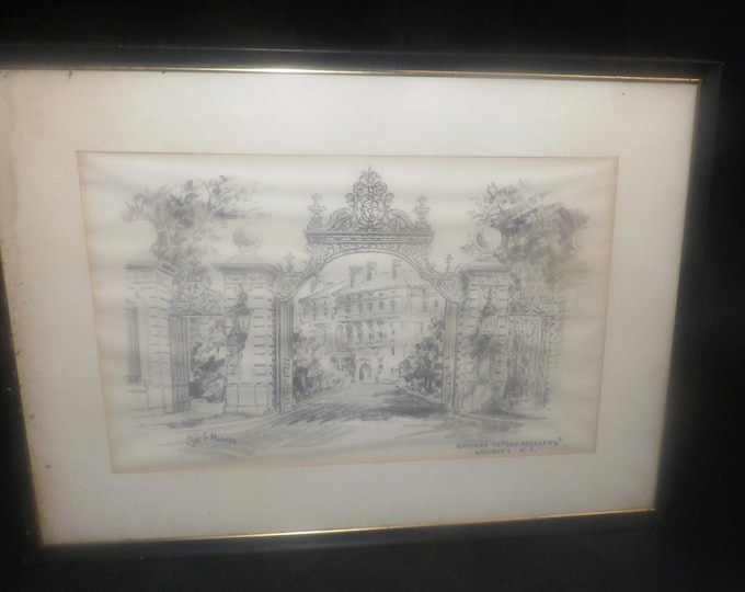 Mid-century James F. Murray signed framed pencil drawing Gateway to The Breakers Newport Rhode Island.