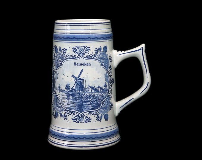 Antique large Heineken blue-and-white Delft-style ceramic beer stein made by Swaine & Co.