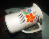 Early mid-century (later 1940s) Sadler iced-tea kool-aid pitcher. Orange blossoms, pink, blue flowers, gold lines, accents. England