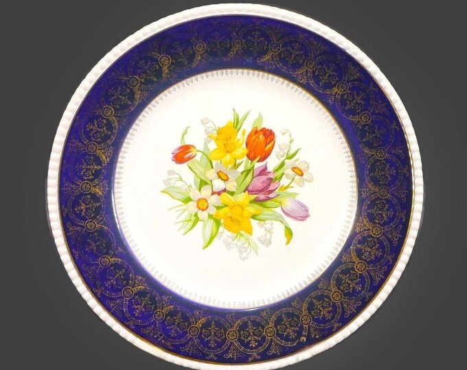 Simpsons Potters 749 large dinner plate. Cobalt, florals, filigree. Solian Ware Ironstone made in England. Flaw (see below).