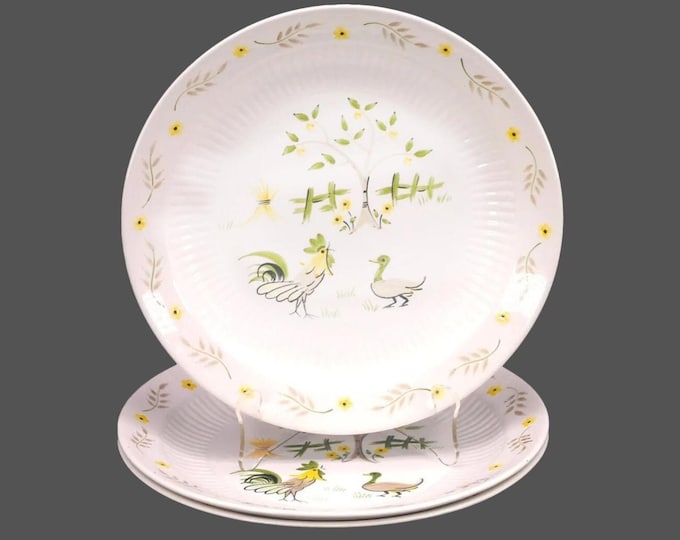 Three William Adams Good Morning Rooster dinner plates. Micratex Real English Ironstone made in England.
