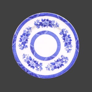 John Aynsley blue-and-white bone china dessert plate. Dark blue flowers and leaves on white. Made in England.