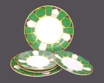 Five pieces of Royal Heritage green, gold and blue mosaic | geometric tableware made in Indonesia. Flaw (see below).