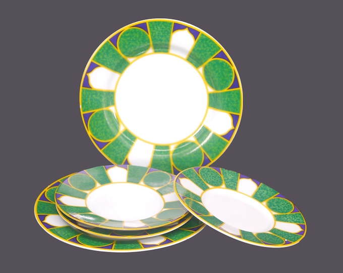 Five pieces of Royal Heritage green, gold and blue mosaic | geometric tableware made in Indonesia. Flaw (see below).