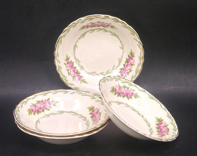 Four Arthur J. Wilkinson | Royal Staffordshire Royal Staffordshire 1298 fruit nappies, dessert bowls. Pink rose trio, green laurels.