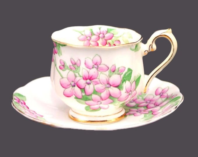 Almost antique Royal Albert Crown China 1569 pink periwinkles cup and saucer set. Bone china made in England.