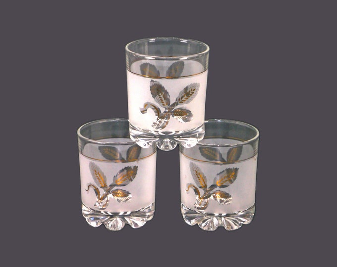 Three mid-century Covetro whisky | lo ball | on-the-rocks | old-fashioned glasses made in Italy. Etched-glass golden leaves.