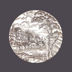Myott Royal Mail Brown dinner plate. Brown transferware made in England. Sold individually.