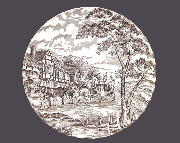 Myott Royal Mail Brown dinner plate. Brown transferware made in England. Sold individually.