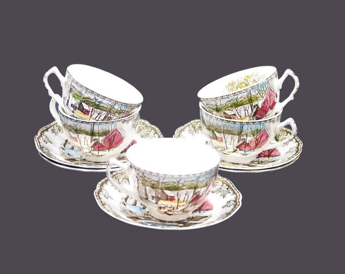 Five Johnson Brothers The Friendly Village cup and saucer sets featuring The Ice House. Made in England.