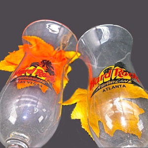 Hard Rock Cafe Hurricane glasses Atlanta and Las Vegas. Etched-glass branding.