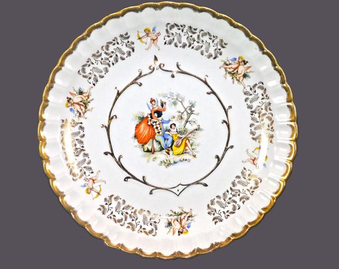 Wood & Sons Fragonard-style cabinet, wall, display plate. Harlequin, cherubs made in England.