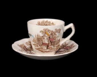 Johnson Brothers The Old Mill Multicolor Brown transferware cup and saucer set made in England. Sold individually