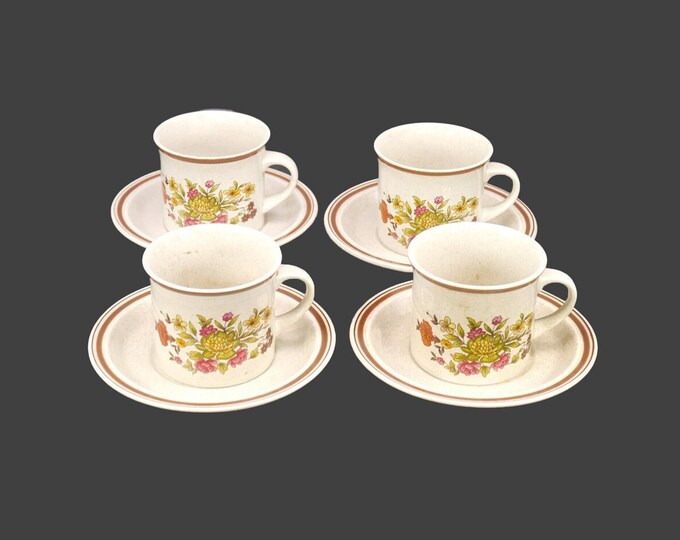 Four Royal Doulton Gaiety LS1014 stoneware cup and saucer sets made in England. Caffeine stains (see below).