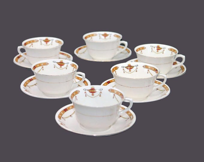 Art-deco Sampson Bridgwood Sons Anchor Pottery Coronation Surrey cup and saucer sets made in England. Choose quantity below.