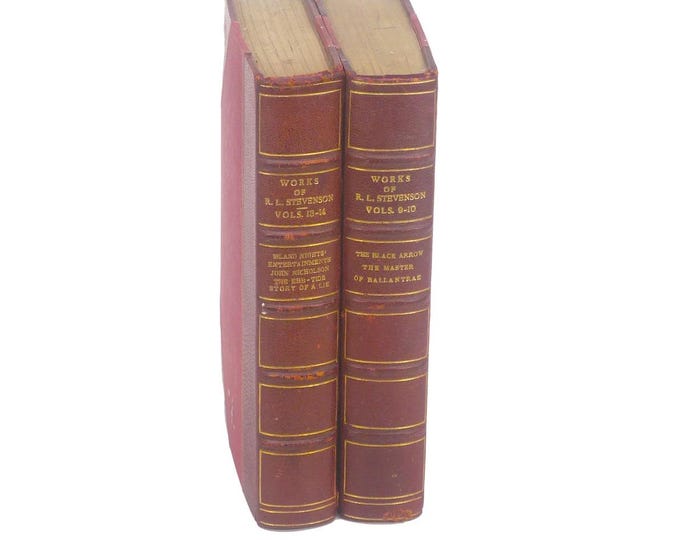 Pair of antiquarian books. Robert Louis Stevenson Black Arrow, Master of Ballantrae, The Ebb-Tide and more. Heinemann London Tusitalia.