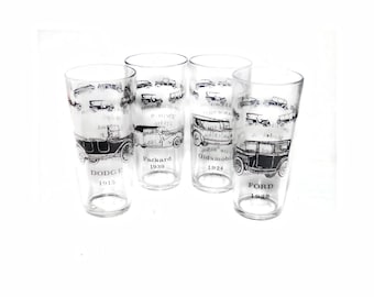 Mid-Century Hazel Atlas Car Glasses: Etched Vintage Automobile Tumblers, Set of 4