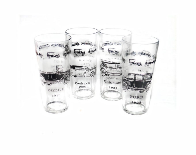 Four mid-century Hazel Atlas vintage car | vintage automobile water glasses, tumblers, high balls. Etched-glass cars.