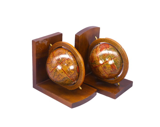 Pair of Old World leather and wood globe book ends made in Italy. Flaws (see below).