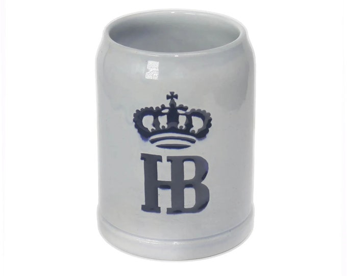 HB Hofbrauhaus Germany 0.5L stoneware beer stein, tankard. Salt-glaze, impressed HB logo and crown in blue. Made in Germany.