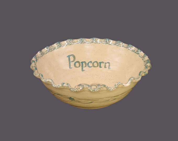 Three Rivers Pottery Amy popcorn serving bowl. American art pottery made in Coshocton Ohio. Green heart, speckled ground.