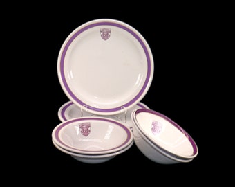 Six pieces of Steelite | Ridgway Potteries Western University tableware. Bowls and plates. Made in England.