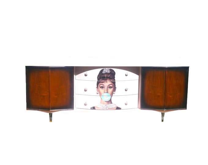 Hand-painted upcycled 9-drawer bedroom dresser. Pink with solid wood. Audrey Hepburn blowing bubble gum and Audrey Hepburn knobs.