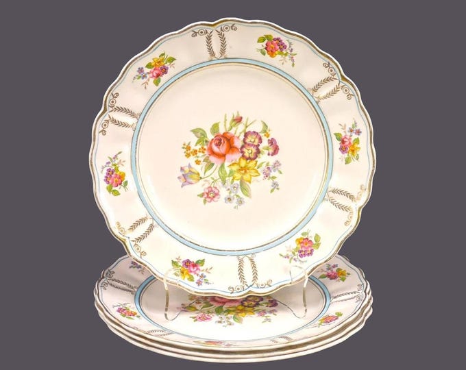 Four Grindley Delphine hand-decorated dinner plates. Marlborough Royal Petal Ironstone made in England.