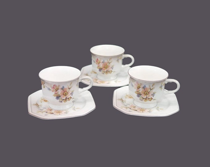 Three Mikasa F3012 Black Berries stoneware cup and saucer sets made in Japan.
