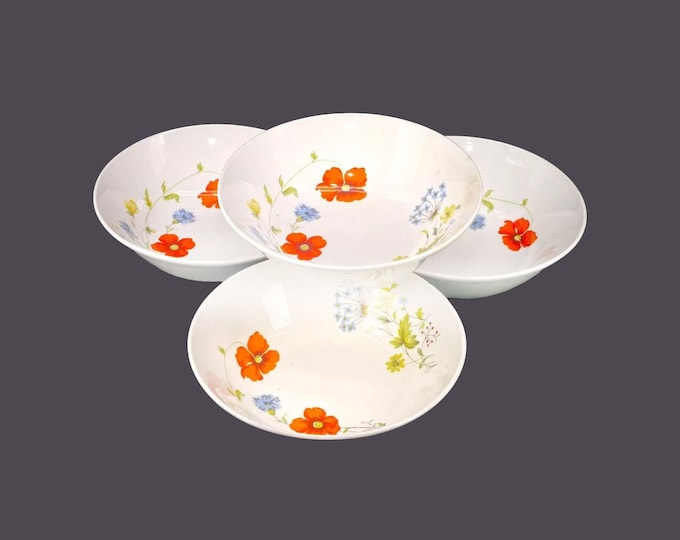 Four Johnson Brothers Summertime coupe cereal bowls. Retro flower-power tableware made in England. Flaws (see below).