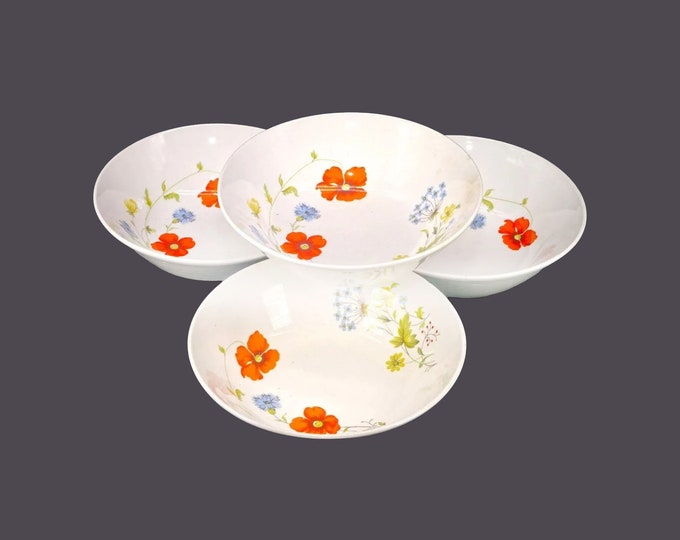 Four Johnson Brothers Summertime coupe cereal bowls. Retro flower-power tableware made in England. Flaws (see below).