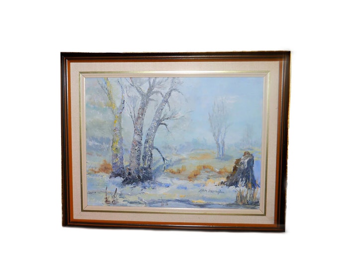 Original signed oil on board winter landscape painting by Allan Harrington. Framed.