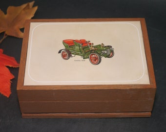 Jasco wooden men's jewelry or cigar box. Solid wood, ceramic hinged lid features 1906 Cadillac car.