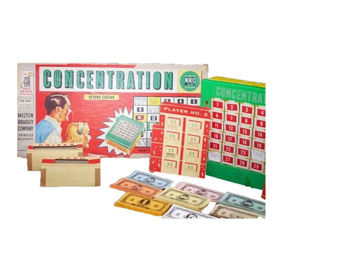 Concentration board game 4950 published 1959 Milton Bradley. Second edition. Made in USA. Complete (see below).