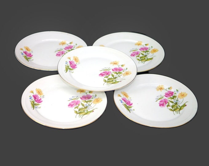 Five Freiberger Porzellan salad plates made in Germany. Pink and yellow florals.