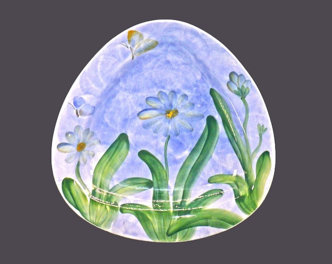 Large triangular rimmed salad or pasta serving bowl made in Italy by Aurora. Florals, butterflies. Minor flaw (see below).