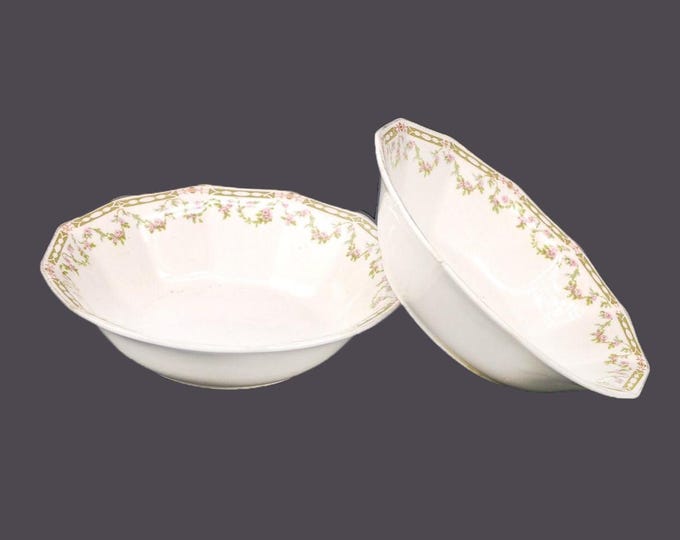 Pair of antique art-nouveau Johnson Brothers JB105 coupe cereal bowls made in England. Flaws (see below).